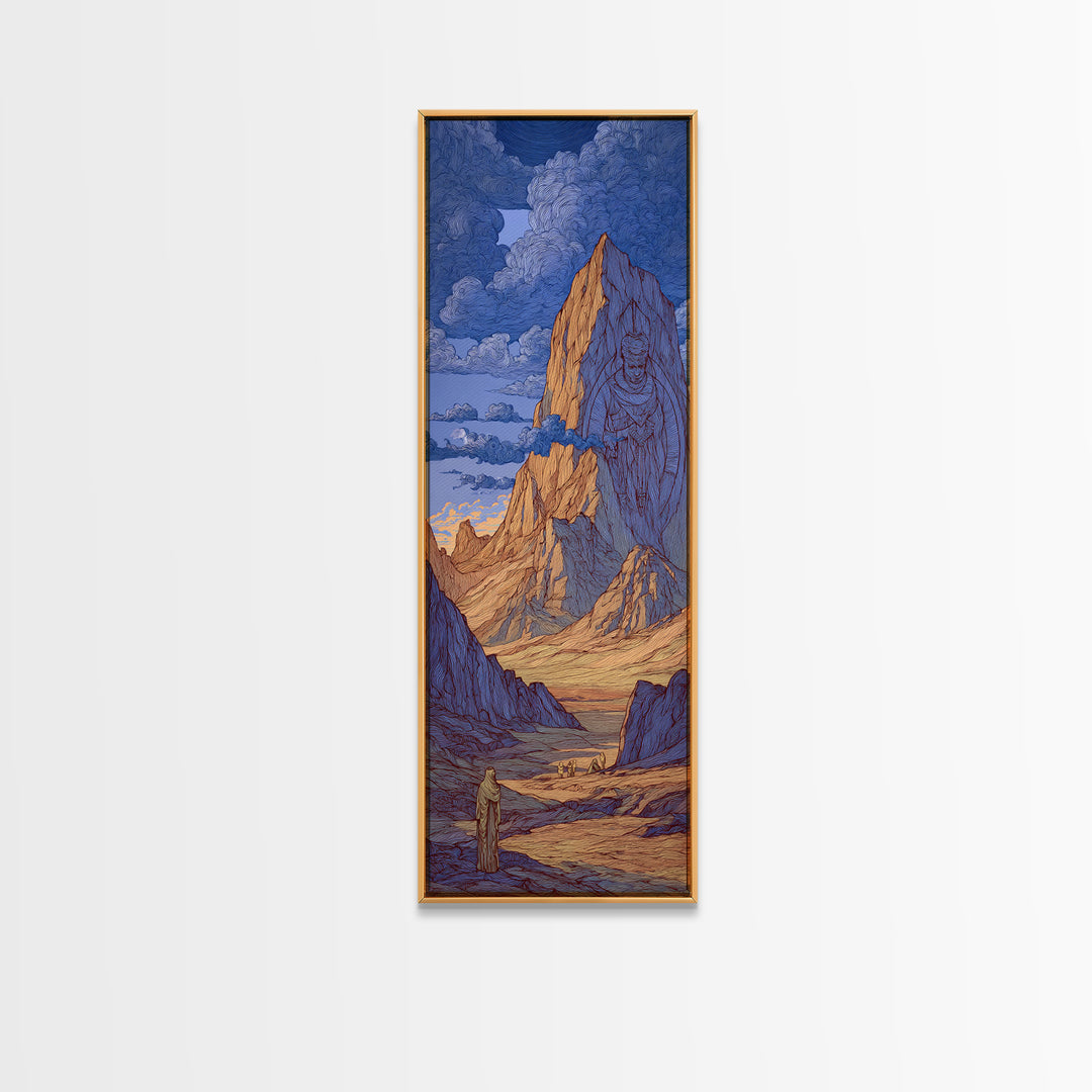 Blue Desert Mountain Monolith And Lone Figure Wall Art, Mystical Landscape Canvas Print, Dreamy Southwest Fantasy Decor Gift