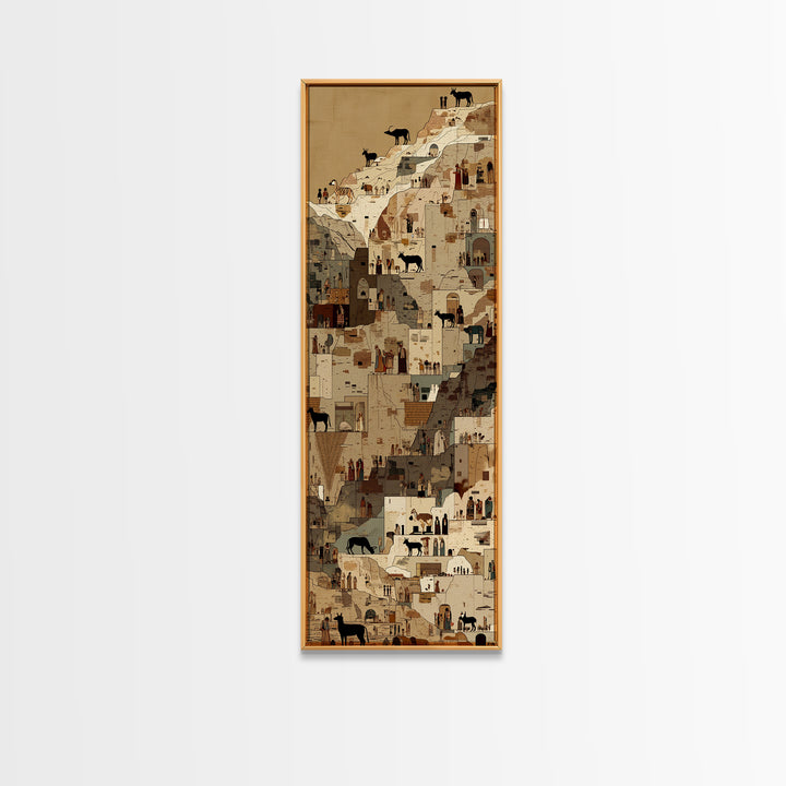 Cliffside Desert Village With Goats And Tiny Figures Canvas Print, North African Wall Art, Cultural Travel Home Decor Gift