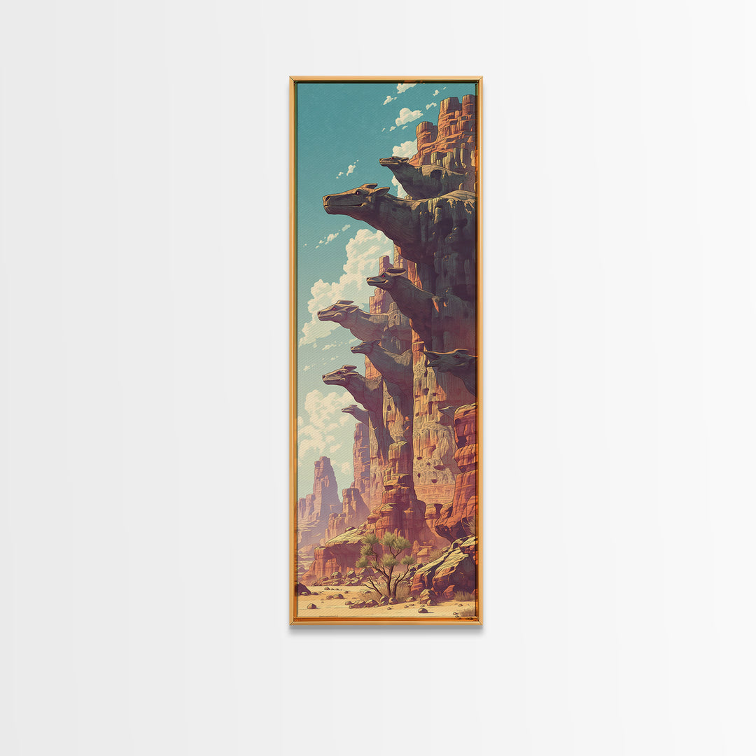 Sunlit Canyon Cliffs With Floating Rock Platforms Wall Art, Fantasy Desert Landscape Canvas Print, Unique Statement Decor