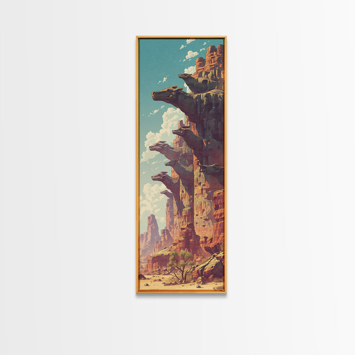 Sunlit Canyon Cliffs With Floating Rock Platforms Wall Art, Fantasy Desert Landscape Canvas Print, Unique Statement Decor