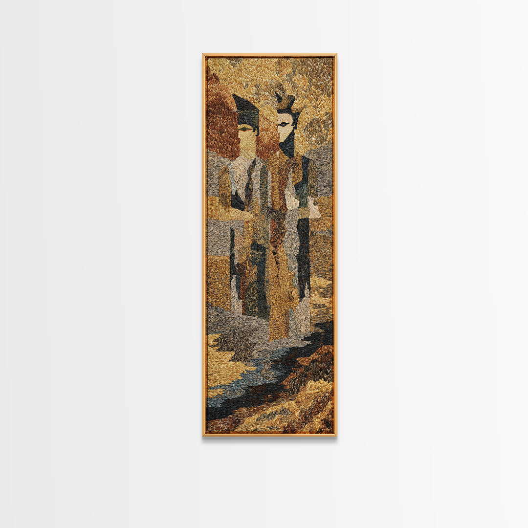 Textured African Tribal Figures Framed Canvas Print, Modern African Art Decor, Mask Portrait, Earth Tone Cultural Wall Art