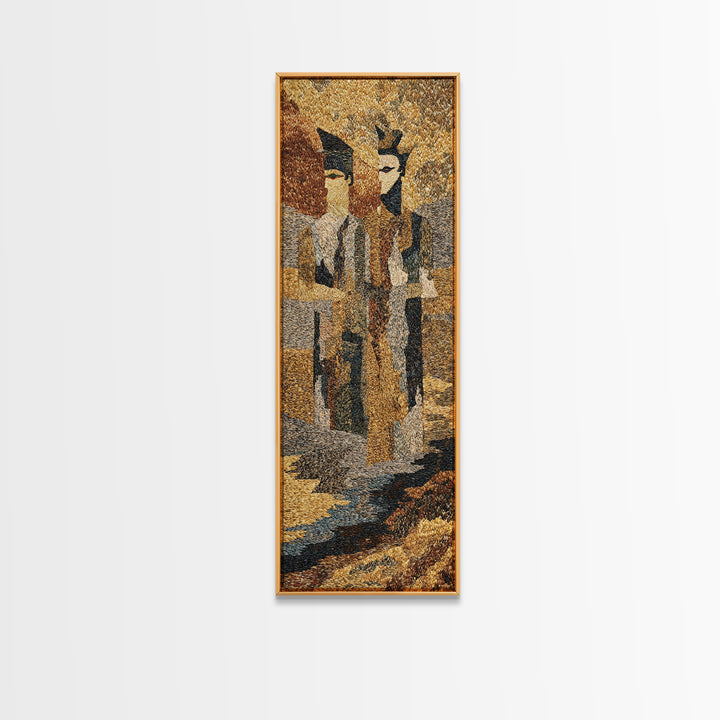 Textured African Tribal Figures Framed Canvas Print, Modern African Art Decor, Mask Portrait, Earth Tone Cultural Wall Art