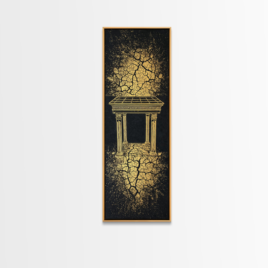 Golden Temple Portal Wall Art, Cracked Black Abstract African Inspired Decor, Ancient Ruins Canvas Print For Elegant Home