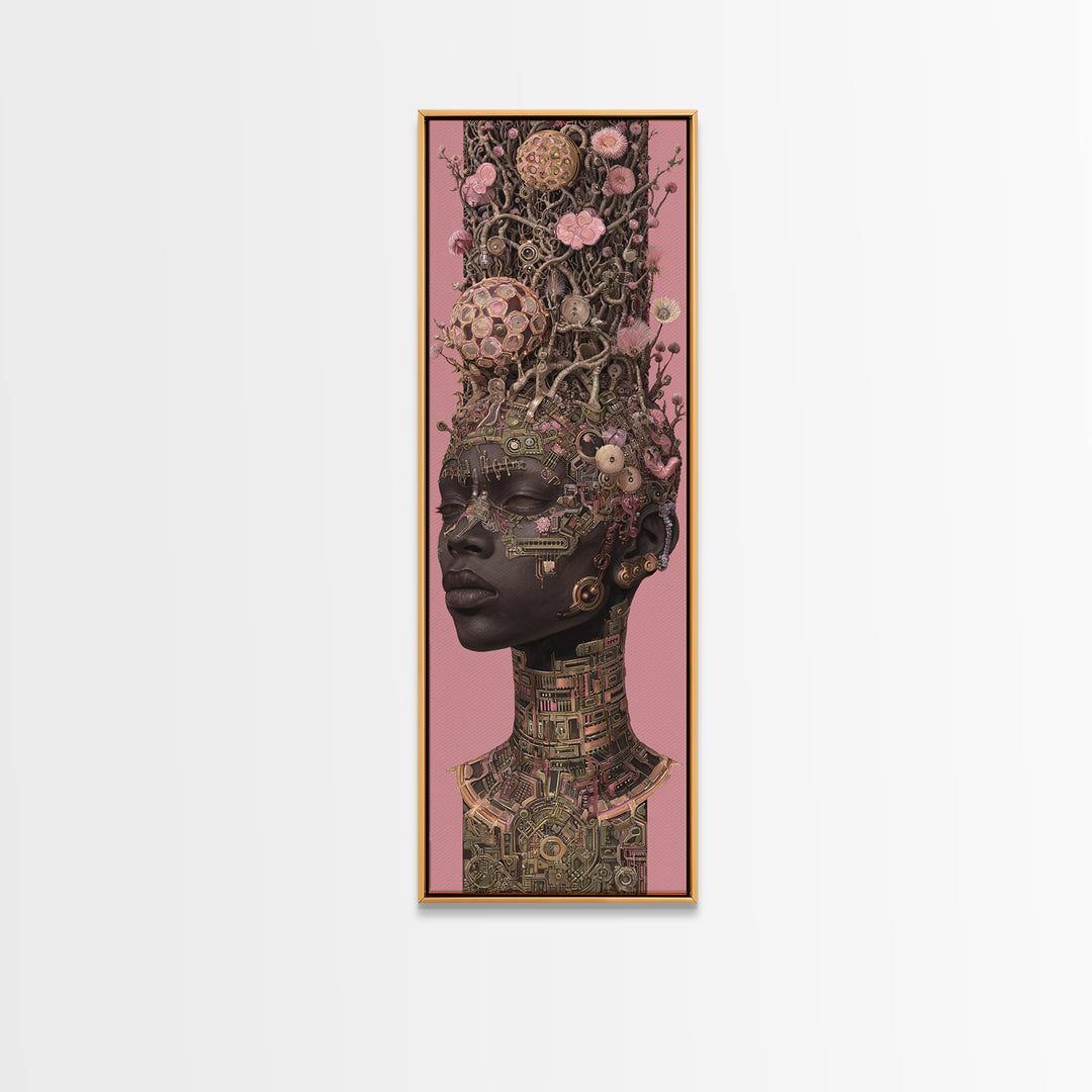 Regal Black Woman With Floral Tech Headdress Framed Canvas Print, African Queen Wall Art, Afrocentric Decor Gift For Her