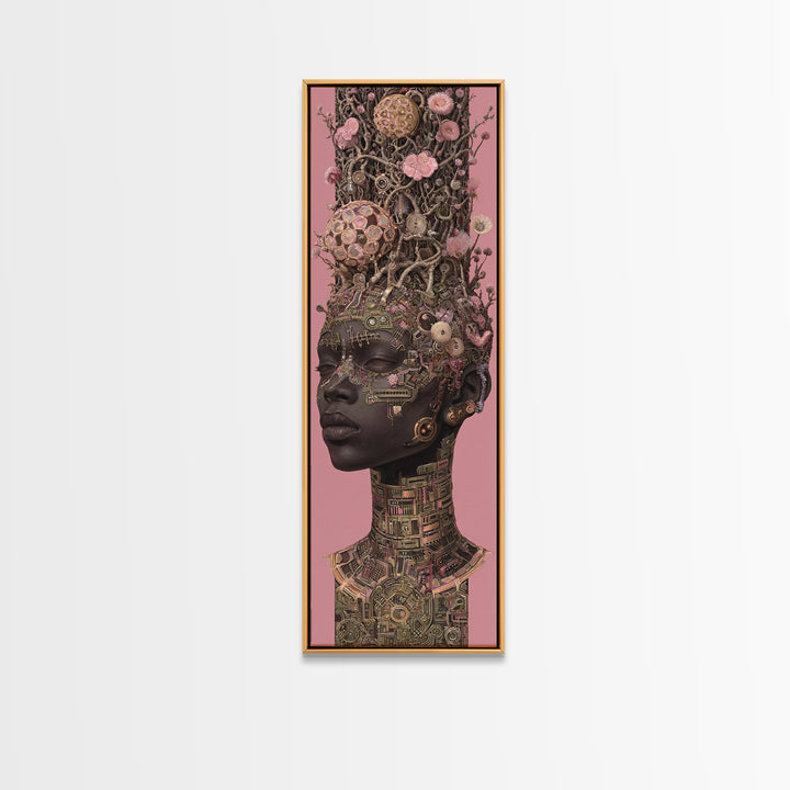 Regal Black Woman With Floral Tech Headdress Framed Canvas Print, African Queen Wall Art, Afrocentric Decor Gift For Her