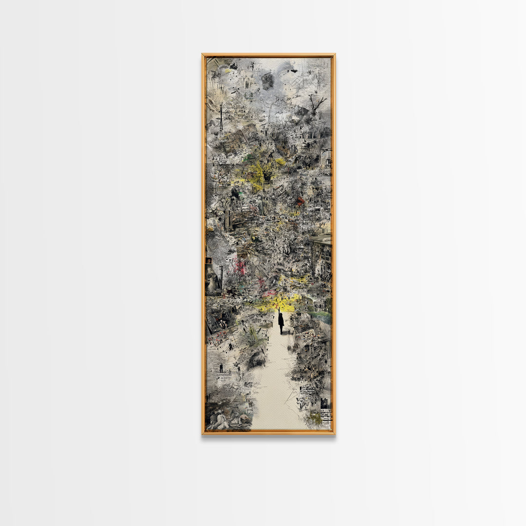 Dreamy Abstract City Ruins Wall Art, Gray Yellow Urban Landscape, Contemporary Canvas Print, Statement Office Decor Gift