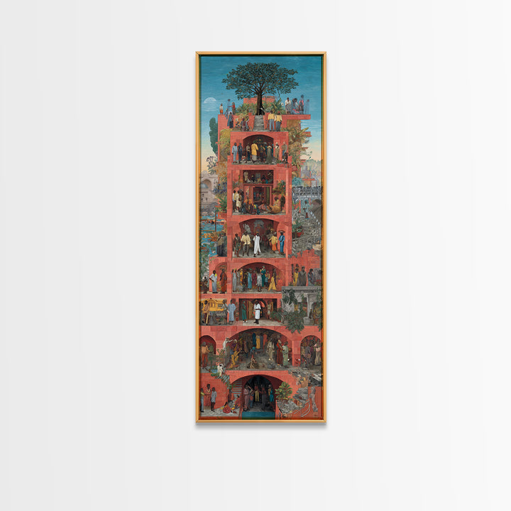 Red Vertical Community Tower Canvas Print, African City Life Wall Art, Tree Rooftop Garden, Cultural Home Decor Gift For Her