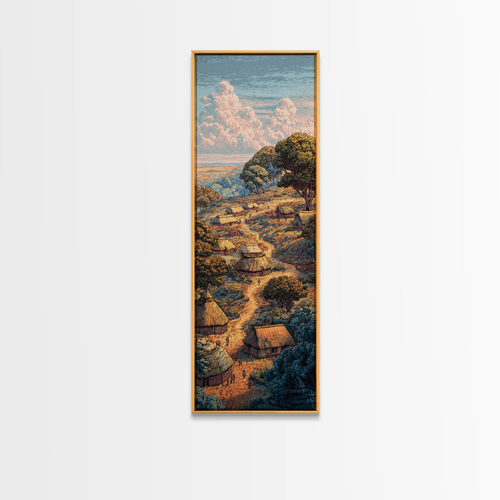 Sunlit Hillside African Village Framed Canvas Print, Boho Landscape Wall Decor, Nature Scene Art, Warm Earth Tone Gift Idea