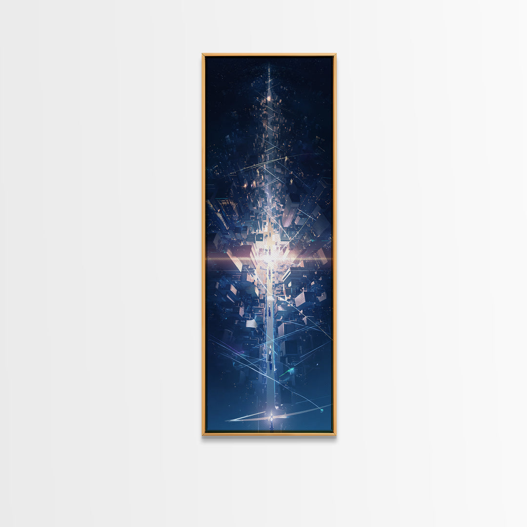 Futuristic Blue Light Tower In Dark Digital City, Canvas Print, Modern Abstract Wall Art, Afrofuturism Office Decor Gift