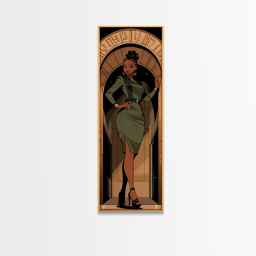 Elegant Black Woman In Green Dress Framed Canvas Print, Afrocentric Wall Art, Fashion Portrait, Black Beauty Home Decor, Gift
