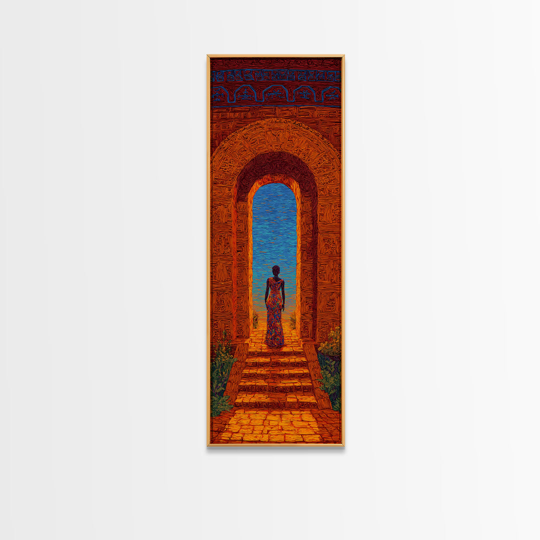 African Woman In Ornate Arch Wall Art, Blue Sea Doorway Painting, Afrocentric Decor, Cultural Travel Canvas Print Gift Idea
