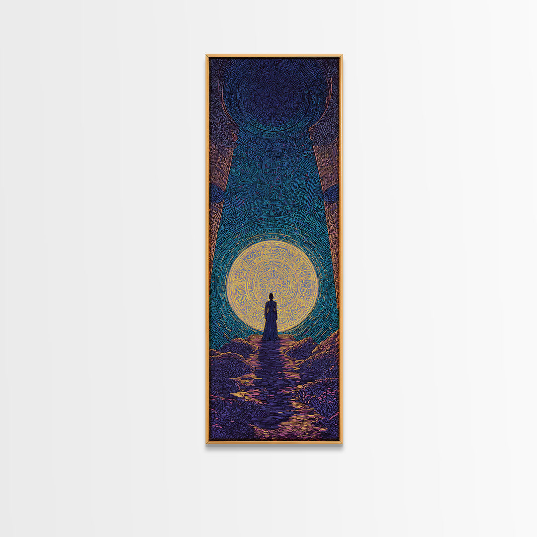 Mystic African Woman Before Glowing Sun Wall Art, Spiritual Cave Portal, Afrocentric Landscape, Dreamy Black Culture Decor