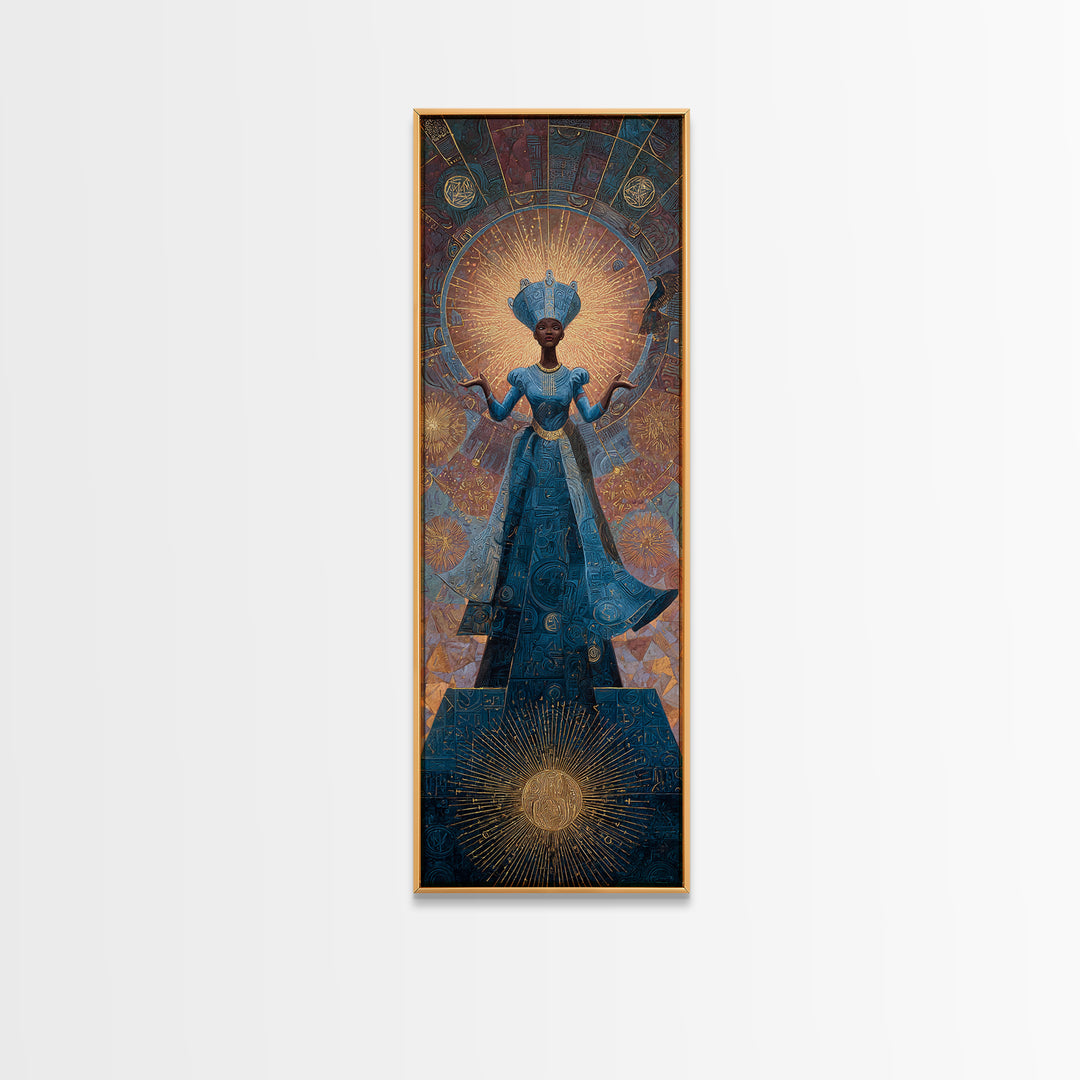 Blue African Goddess With Crown And Radiant Halo Framed Canvas Print, Black Queen Portrait, Afrocentric Luxury Wall Decor