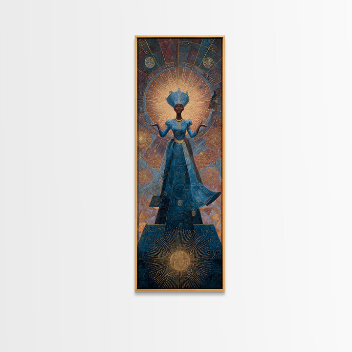 Blue African Goddess With Crown And Radiant Halo Framed Canvas Print, Black Queen Portrait, Afrocentric Luxury Wall Decor