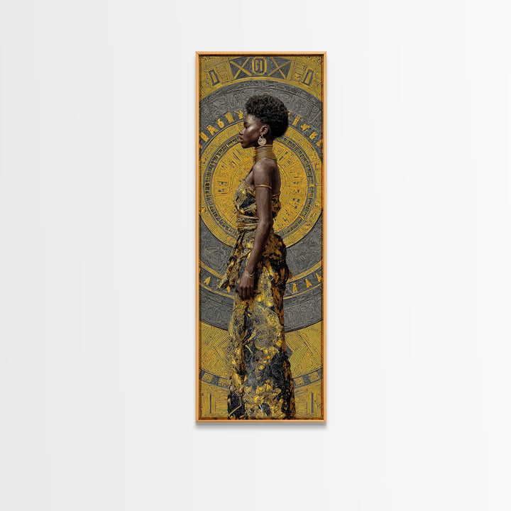 Elegant Black Woman In Gold Dress Canvas Print, African Portrait Wall Art, Afrocentric Fashion Decor, Modern Cultural Gift