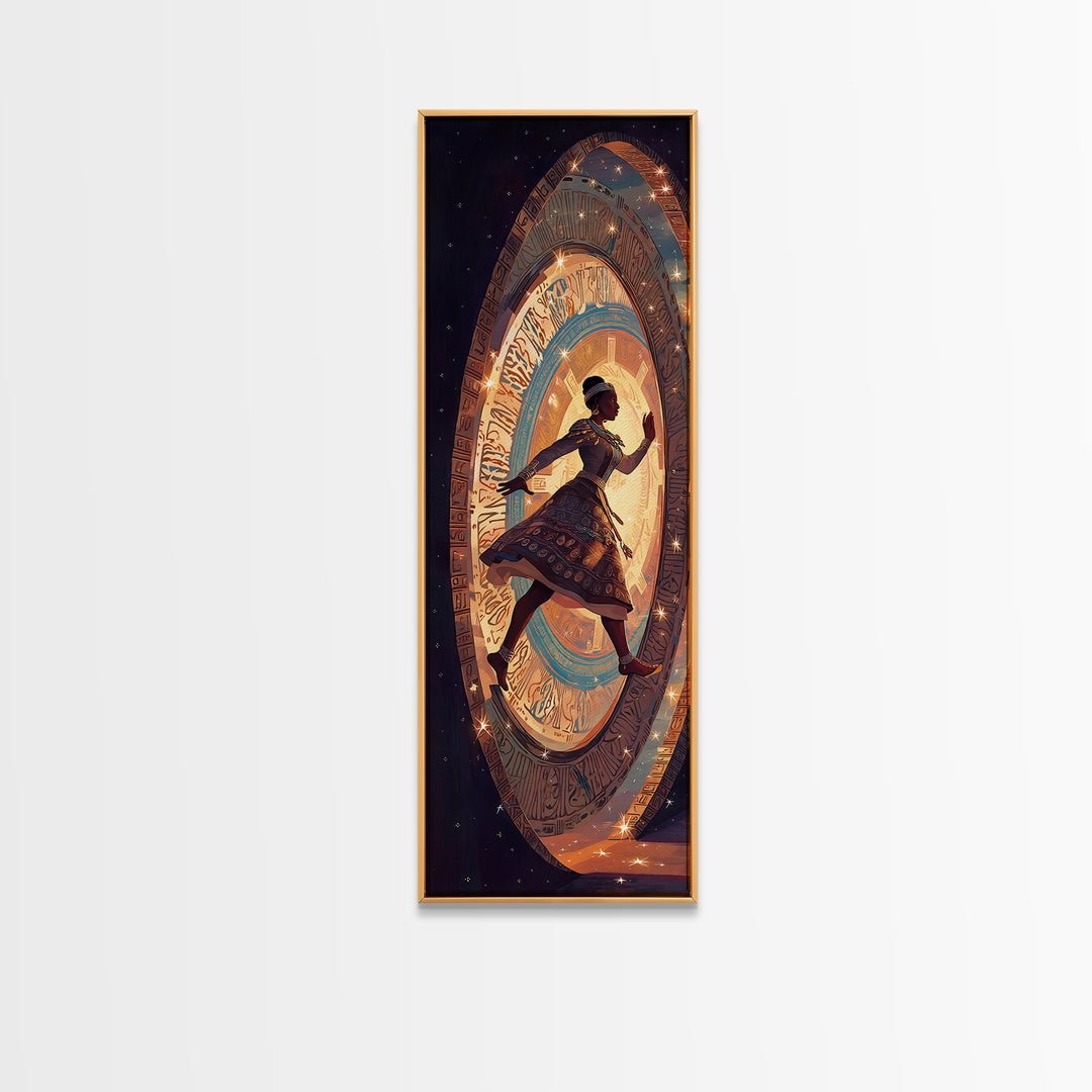 Afro Girl Running Through Cosmic Portal Wall Art, African Inspired Fantasy Scene, Black Girl Magic Decor, Dreamy Canvas Gift