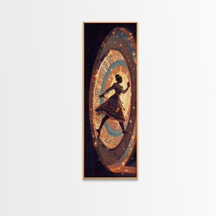 Afro Girl Running Through Cosmic Portal Wall Art, African Inspired Fantasy Scene, Black Girl Magic Decor, Dreamy Canvas Gift