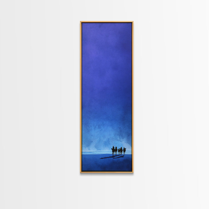 Blue Minimal Camel Riders Canvas Print, African Travel Wall Art, Sahara Desert Decor, Modern Safari Artwork For Peaceful Home