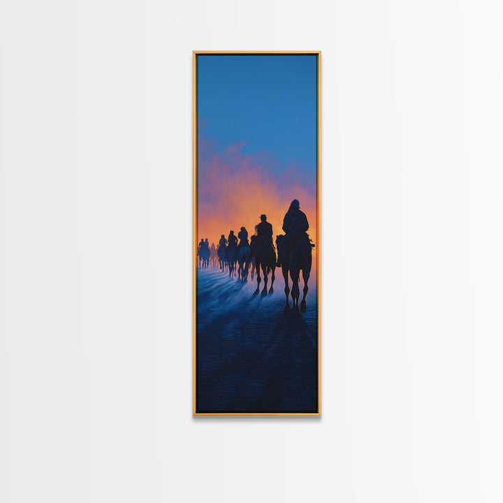 Dawn Camel Caravan In Blue Desert Canvas Print, African Travel Wall Art, Safari Decor, Statement Artwork For Living Room