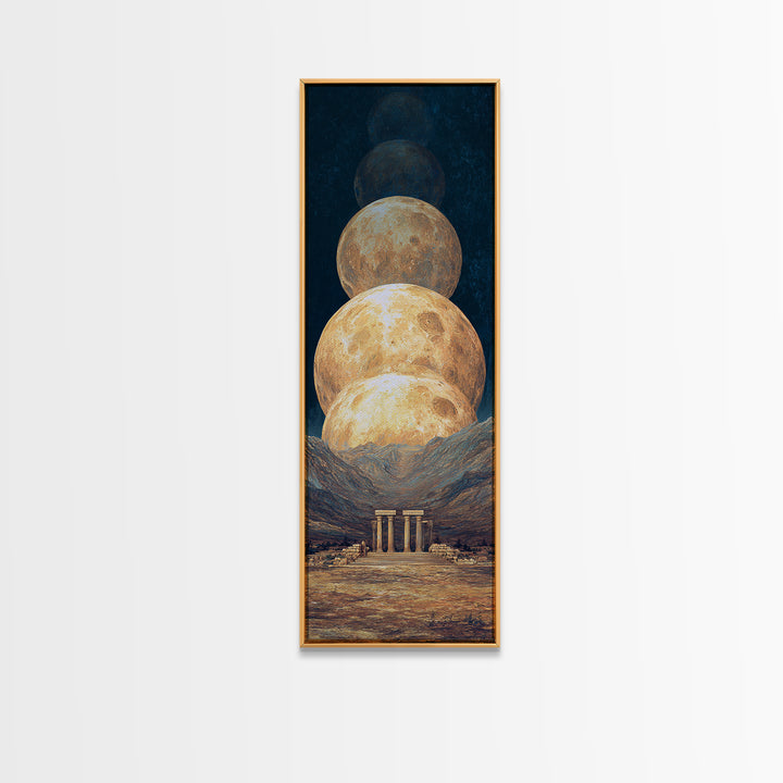 Stacked Golden Moons Over Desert Temple Wall Art, African Inspired Celestial Landscape, Luxury Canvas Decor, Mystical Home Gift