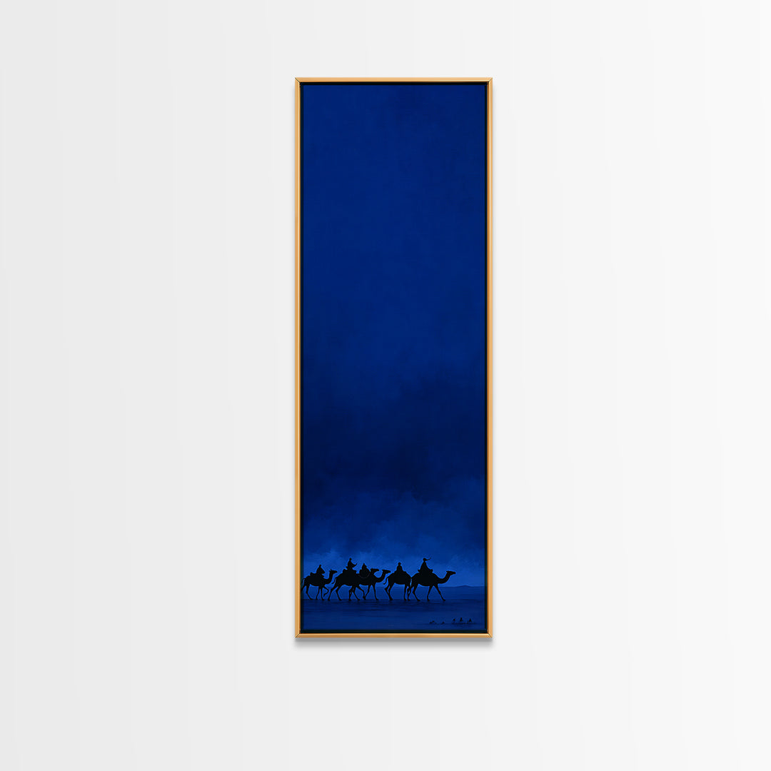 Midnight Blue Camel Caravan Wall Art, African Desert Landscape Print, Minimal Safari Decor, Large Canvas For Modern Home