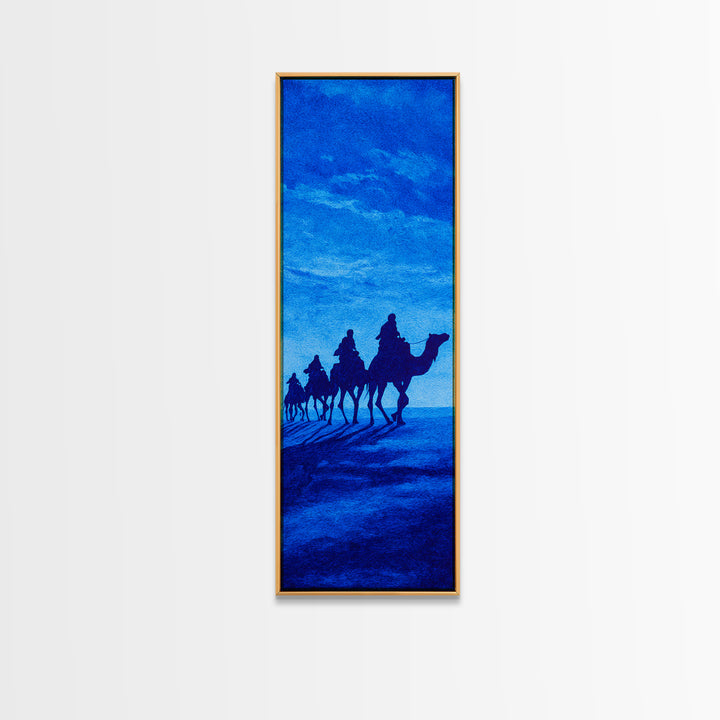 Bright Blue Camel Caravan Canvas Print, African Travel Wall Art, Sahara Desert Decor, Minimal Safari Artwork For Serene Home