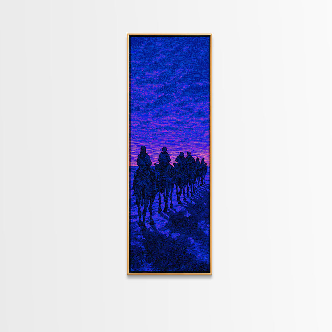 Blue Purple Desert Camel Caravan Wall Art, African Safari Art, Nomad Landscape, Boho Living Room Decor, Statement Canvas Print