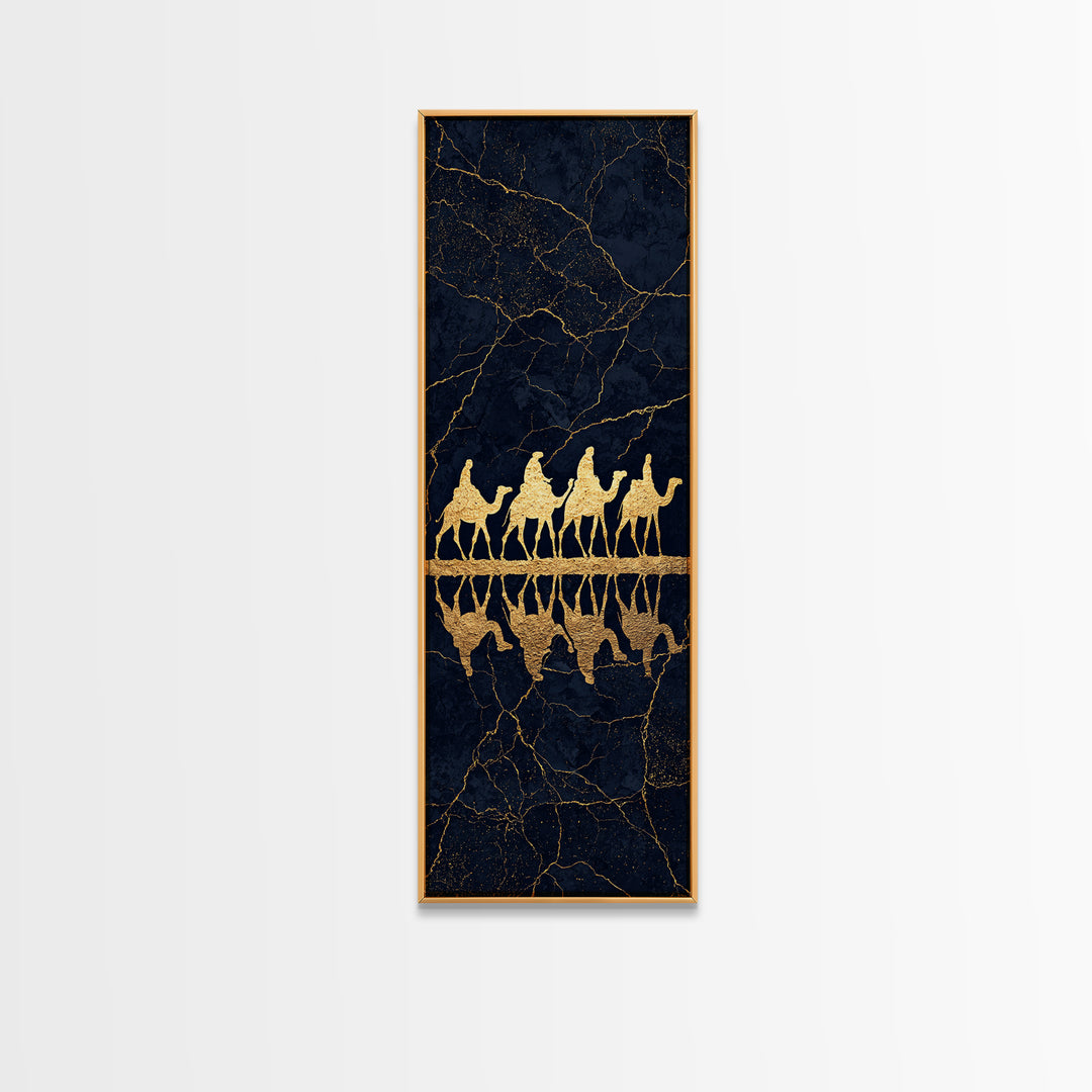 Gold Camel Caravan Framed Canvas Print, Black Marble African Safari Art, Luxury Wall Decor, Boho Desert Travel Artwork Gift