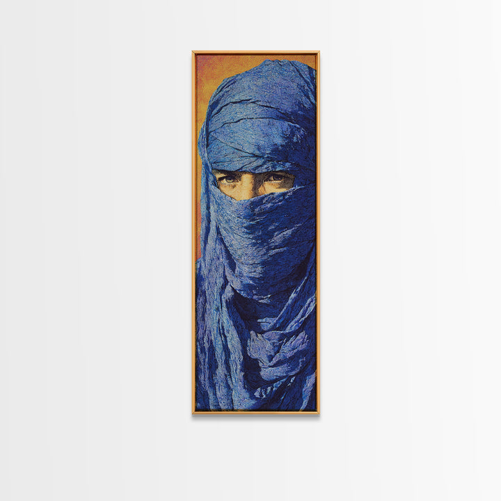 Blue Veiled Desert Man Wall Art, African Portrait Canvas Print, Tuareg Nomad Artwork, Bold Orange Cultural Home Decor Gift