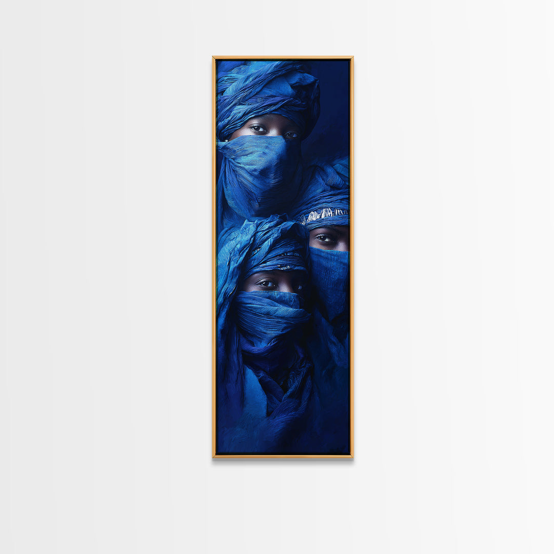Three Blue Veiled Nomads Framed Canvas Print, African Portrait Art, Tuareg Portrait Wall Art, Indigo Afrocentric Decor Gift