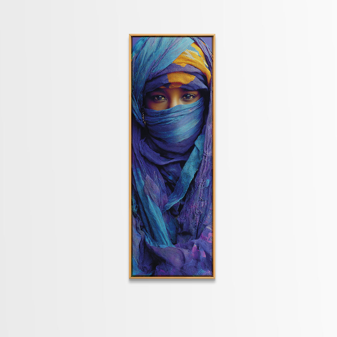 Turquoise Veiled African Woman Wall Art, Blue Purple Portrait Canvas Print, Desert Nomad Decor, Black Beauty Art Gift For Her