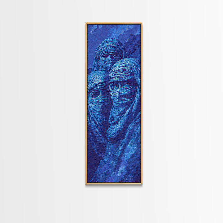 Mystic Blue Veiled Trio Canvas Print, Abstract African Portrait Wall Art, Tuareg Nomad Decor, Spiritual Indigo Artwork Gift