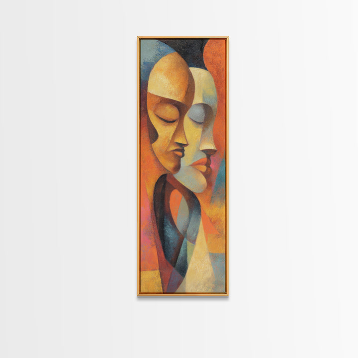 Abstract African Couple Faces In Warm Orange Tones Wall Art, Afrocentric Portrait Canvas, Black Culture Home Decor Gift Idea