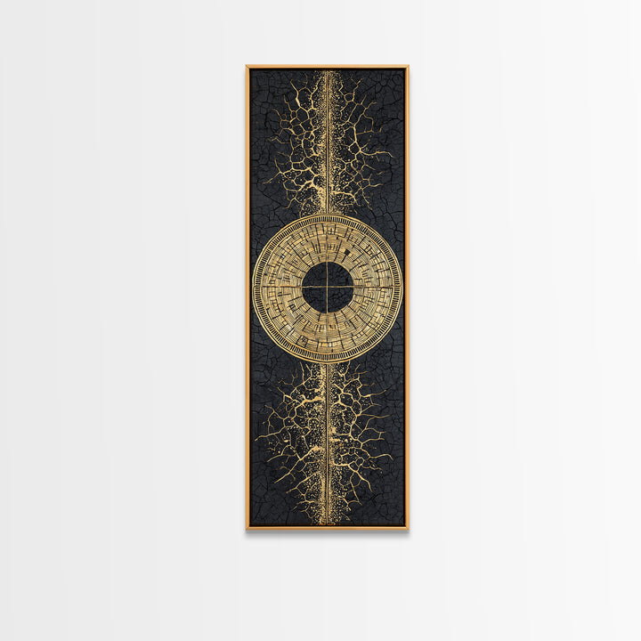 Gold Tribal Sun Disc On Cracked Black Texture Wall Art, African Abstract Decor, Modern Afrocentric Canvas, Statement Home Decor