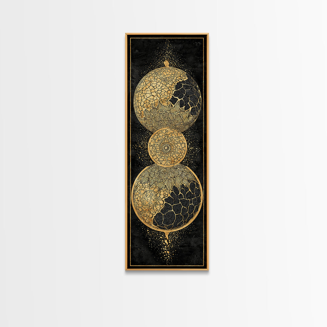 Cracked Gold Celestial Orbs On Black Canvas Print, African Abstract Wall Art, Modern Geometric Decor, Luxury Statement Home Gift