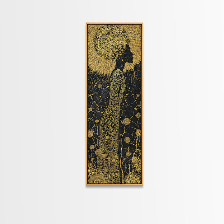 Gold Black African Woman Canvas Print, Elegant Silhouette Floral Pattern, Black Goddess Art, Luxury Afrocentric Wall Decor