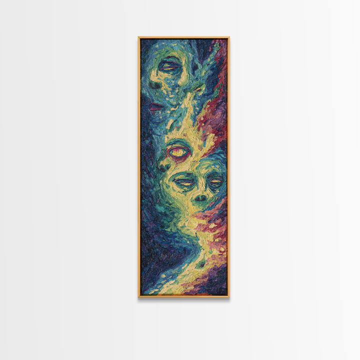 Floating Abstract Faces In Blue And Gold Canvas Print, Modern African Art, Dreamy Wall Art, Spiritual Home Decor Gift For Her