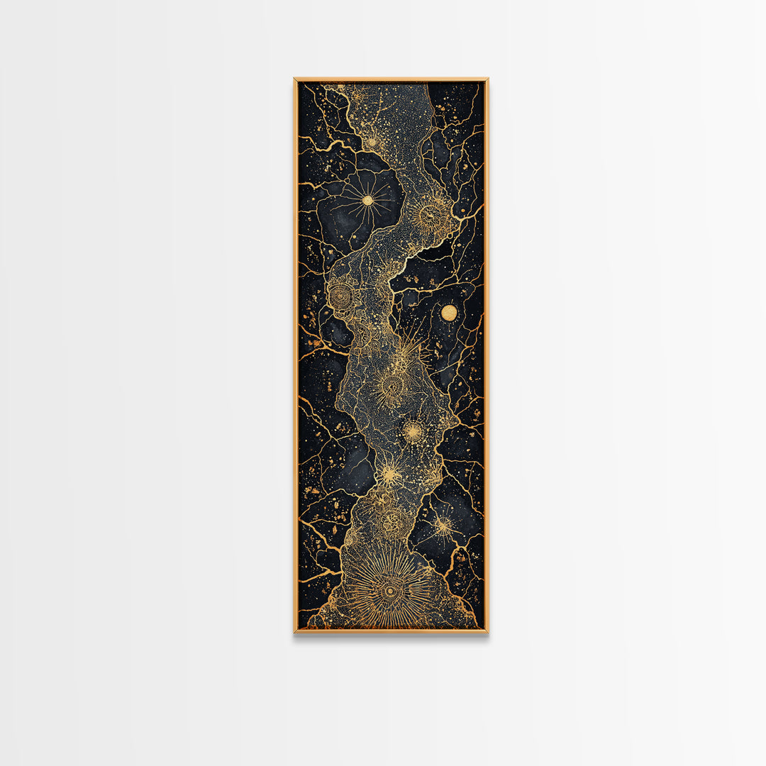 Gold Celestial African Woman Figure On Black Map Lines, Wall Art, Abstract African Art Print, Luxury Canvas Decor Gift For Her