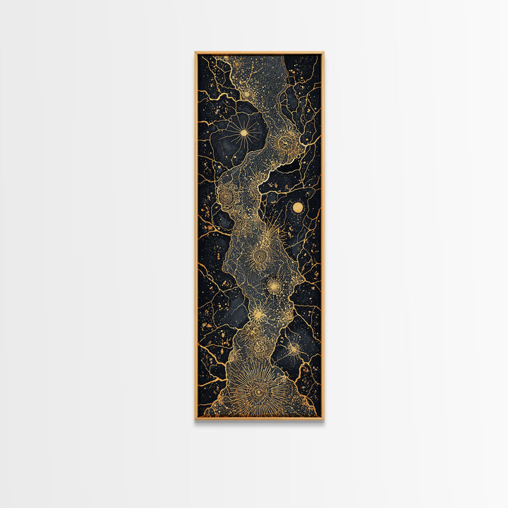 Gold Celestial African Woman Figure On Black Map Lines, Wall Art, Abstract African Art Print, Luxury Canvas Decor Gift For Her