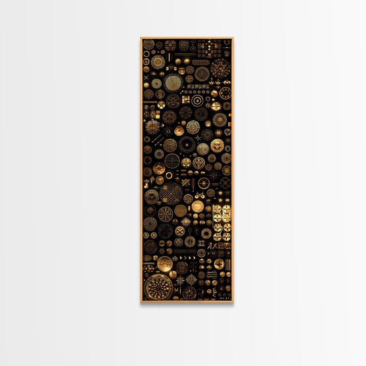 Gold African Symbol Collage On Black Wall Art, Geometric Tribal Decor, Afrocentric Patterns, Modern Canvas Print Unique Gift