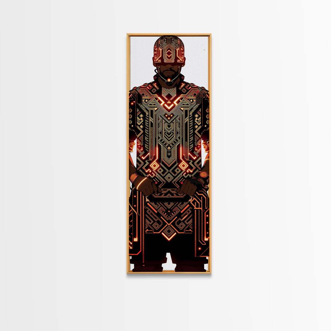 Futuristic African Warrior In Glowing Armor Canvas Print, Afrofuturism Decor, Tribal Art, Black Man Portrait, Bold Wall Decor