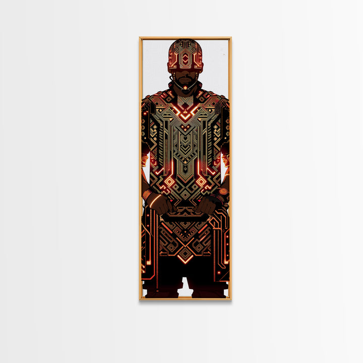 Futuristic African Warrior In Glowing Armor Canvas Print, Afrofuturism Decor, Tribal Art, Black Man Portrait, Bold Wall Decor