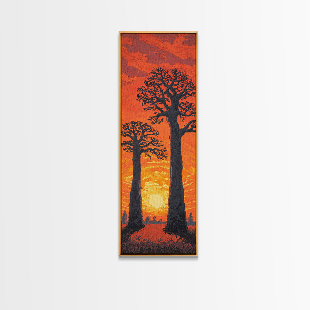 Twin Baobab Trees At Fiery Sunset, African Wall Art, Safari Landscape, Orange Motherland Decor, Framed Canvas Print Gift