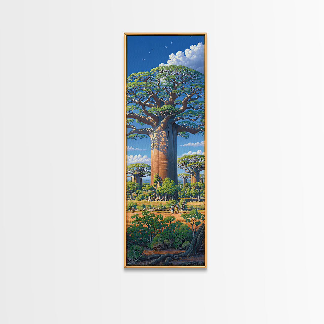 Lush Baobab Village Landscape, African Wall Art, Blue Sky Safari Decor, Madagascar Tree Scene, Premium Canvas Print Gift
