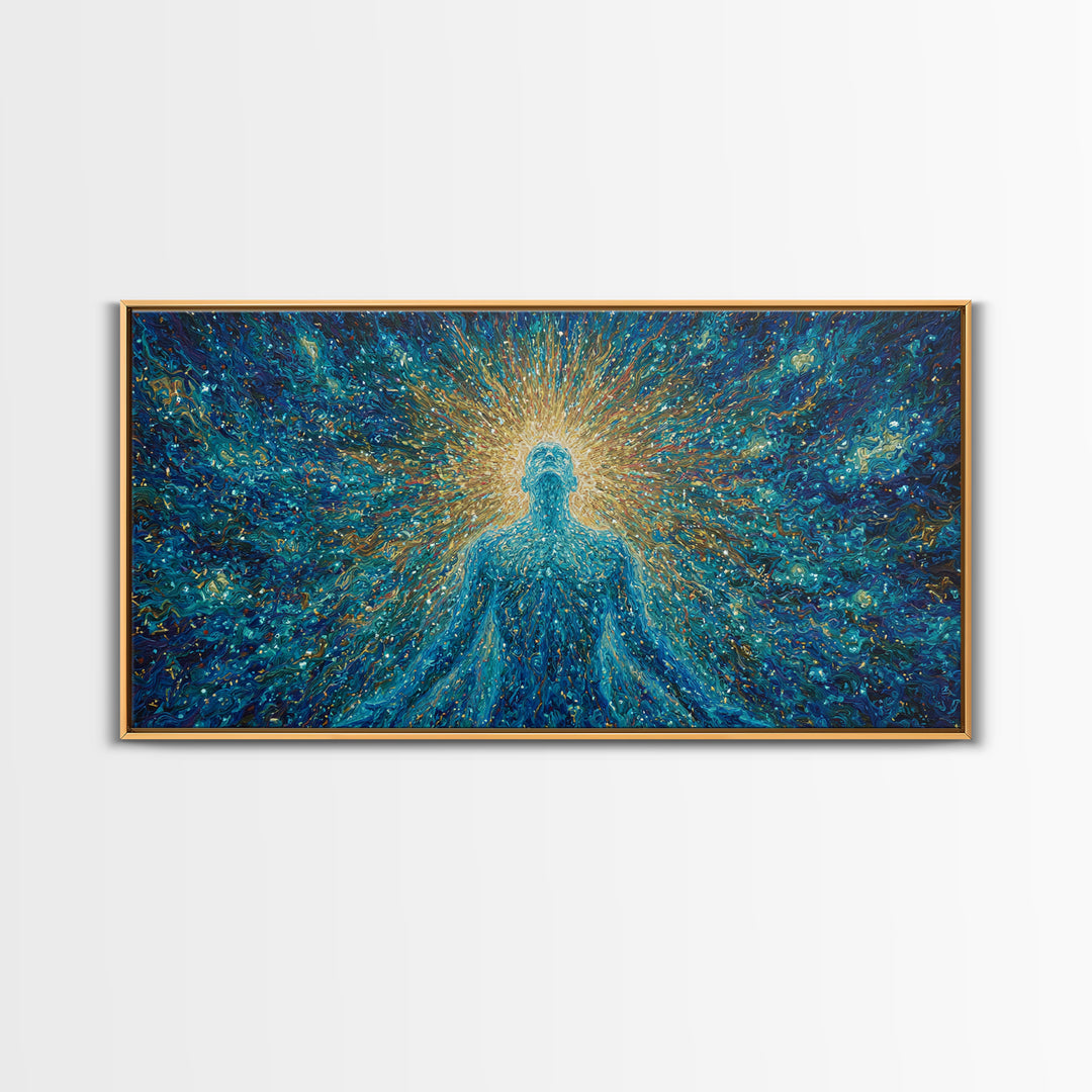 Glowing Spirit Figure In Cosmic Blue Framed Canvas Print, Spiritual Wall Art, Afrocentric Decor, Mystical Abstract Art, Meditation Decor