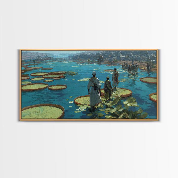 Figures Crossing Giant Lily Pads Canvas Print, African Landscape Wall Decor, Surreal Nature Scene Art, Blue Wetland Home Decor