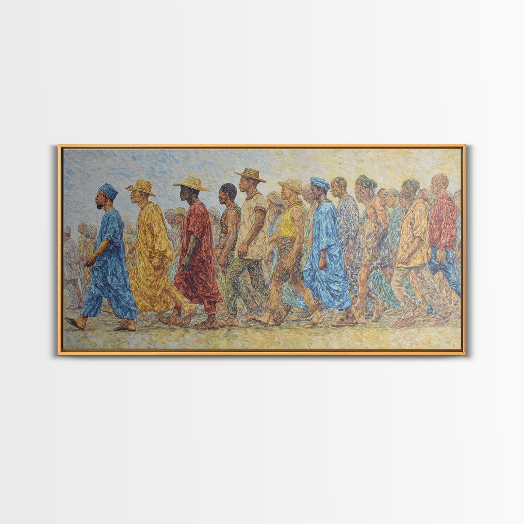 African Procession In Sunlit Robes Canvas Print, Cultural Wall Decor, Panoramic Black Art For Living Room And Office Gallery