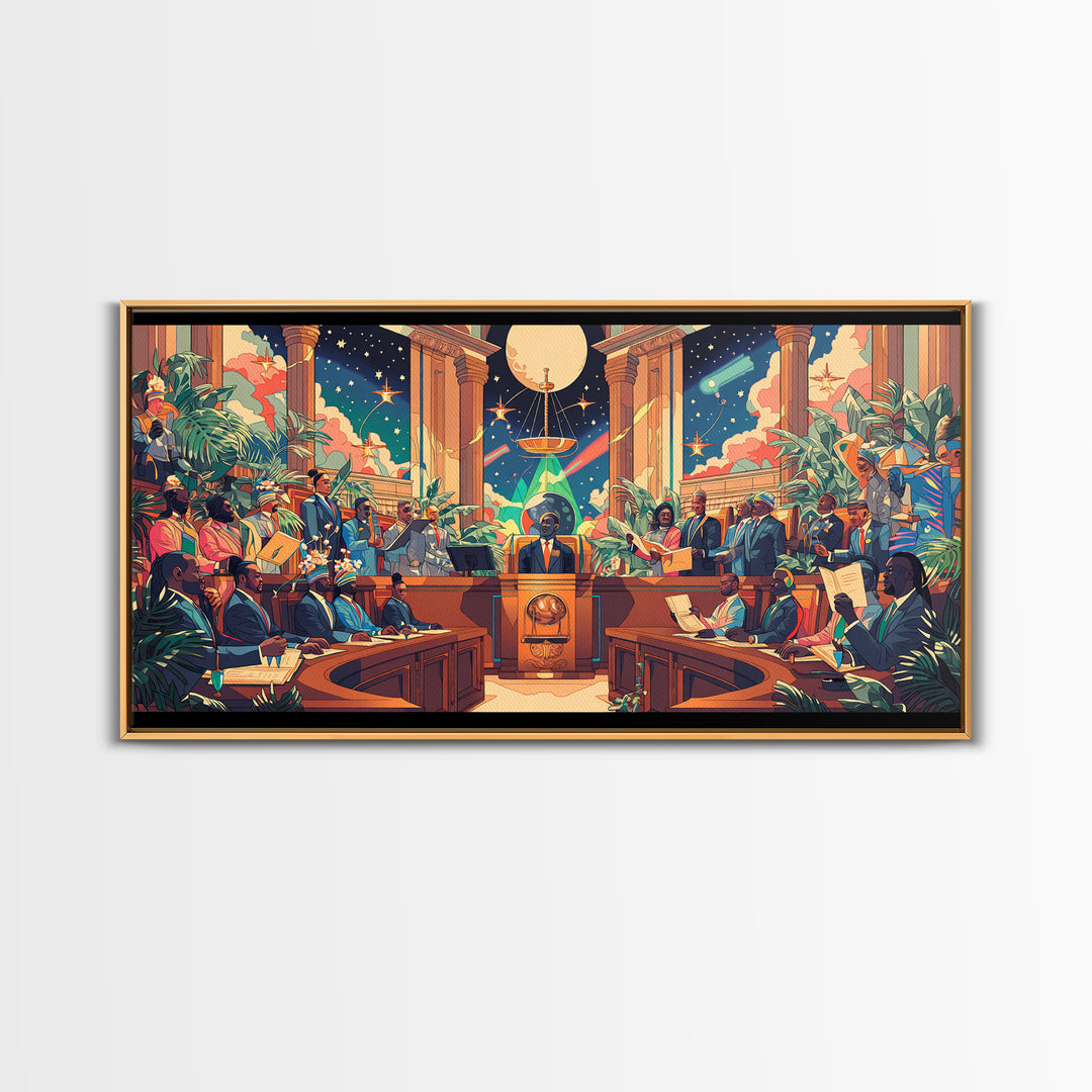 Afrofuturist Galactic Council Chamber Wall Art, African American Art Print, Colorful Sci Fi Courtroom Decor Poster Gift