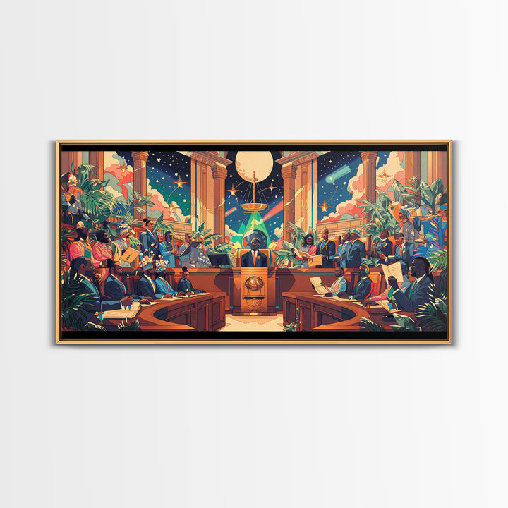 Afrofuturist Galactic Council Chamber Wall Art, African American Art Print, Colorful Sci Fi Courtroom Decor Poster Gift