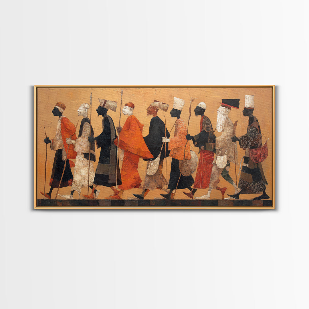 Traditional African Warriors Procession Wall Art, Tribal Culture Art Print, Earth Tone Safari Decor For Home Office Gallery